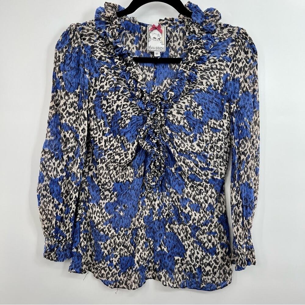 Yoana Baraschi Anthropologie Animal Top Ruffle V-Neck Ruched Floral Vintage XS